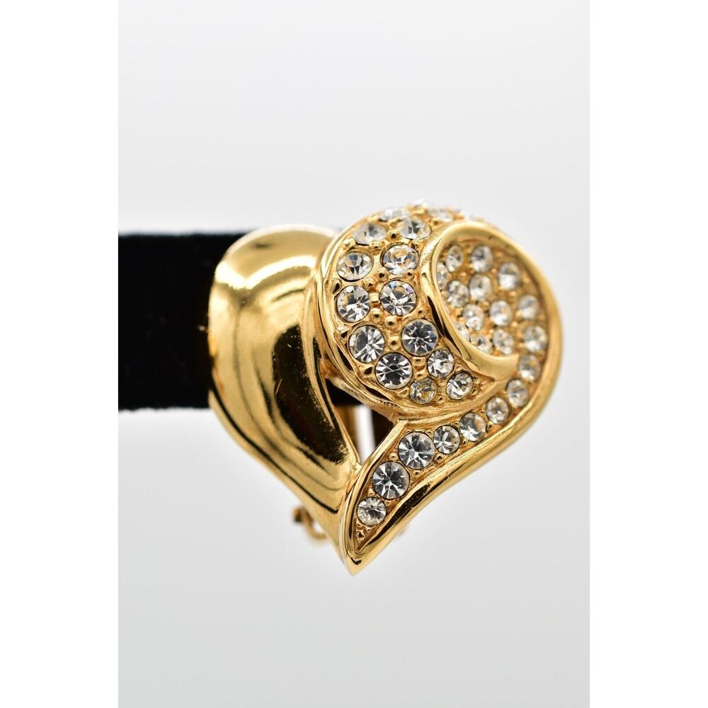 Givenchy Vintage Crystal Heart Clip On Earrings Gold Chunky Signed 1980s BinAZ - Picture 7 of 12